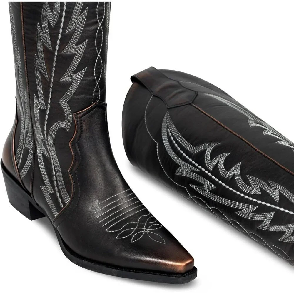 Women Golden Faux Leather Knee High Cowgirl Boots with Pointed Toe Block Heel